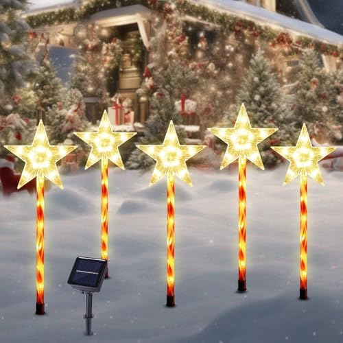Solar Christmas Star Pathway Lights Outdoor Decorations, 5 Pack