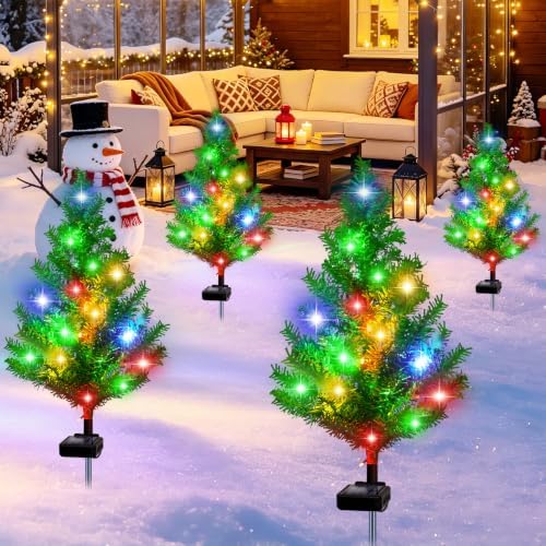 Solar Christmas Tree Garden Stake 4 Pack Outdoor Christmas Trees for Yard, alternate view 4