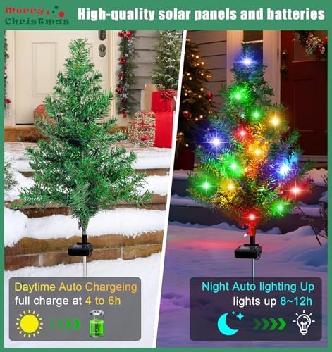 Solar Christmas Tree Outdoor Decor, 4 Pack Waterproof Solar Xmas Decorations Garden Stake Lights, Multi-Color, alternate view