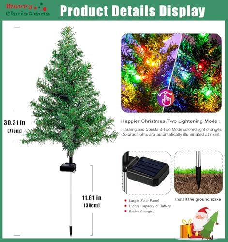 Solar Christmas Tree Outdoor Decor, 4 Pack Waterproof Solar Xmas Decorations Garden Stake Lights, Multi-Color, alternate view