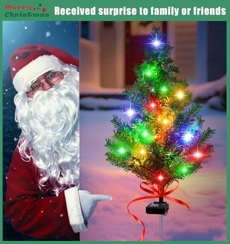Solar Christmas Tree Outdoor Decor, 4 Pack Waterproof Solar Xmas Decorations Garden Stake Lights, Multi-Color, alternate view