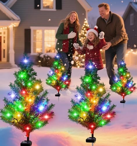 Solar Christmas Tree Outdoor Decor, 4 Pack Waterproof Solar Xmas Decorations Garden Stake Lights, Multi-Color, alternate view