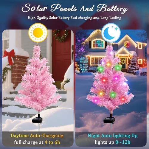 Solar Christmas Tree Outdoor Decor, 4 Pack Waterproof Solar Xmas Decorations Garden Stake Lights, Multi-Color, alternate view