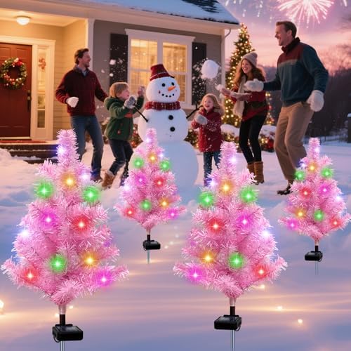 Solar Christmas Tree Outdoor Decor, 4 Pack Waterproof Solar Xmas Decorations Garden Stake Lights, Multi-Color, alternate view