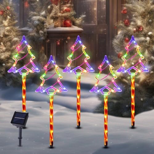 Solar Christmas Tree Pathway Lights Outdoor Decorations, 5 Pack