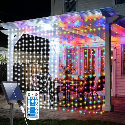 Solar Curtain Lights 10x10Ft 300LED Twinkle Fairy String Lights Multicolor Cool White Dual Color Changing