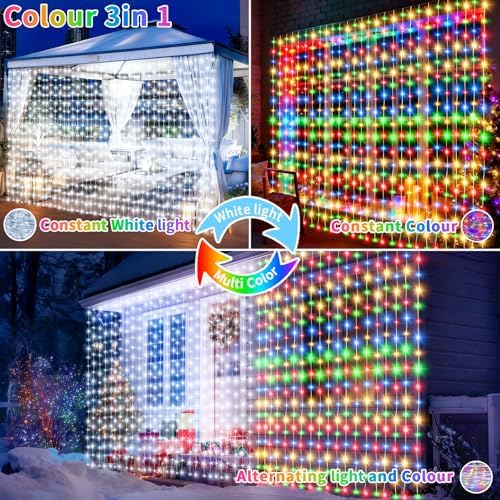 Solar Curtain Lights 10x10Ft 300LED Twinkle Fairy String Lights Multicolor Cool White Dual Color Changing, alternate view 2