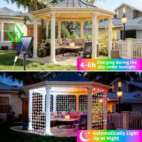 Solar Curtain Lights 10x10Ft 300LED Twinkle Fairy String Lights Multicolor Cool White Dual Color Changing, alternate view 3