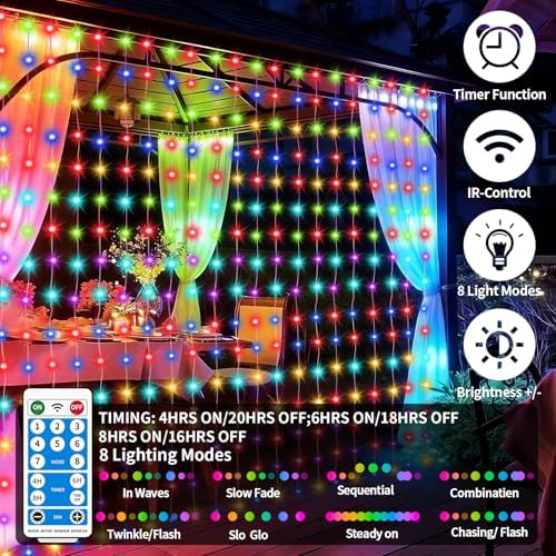Solar Curtain Lights 10x10Ft 300LED Twinkle Fairy String Lights Multicolor Cool White Dual Color Changing, alternate view 5