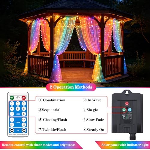 Solar Curtain Lights Outdoor Waterproof, 300LED 9.8x9.8FT Fairy String Lights with USB-C & Solar Charging, alternate view 2