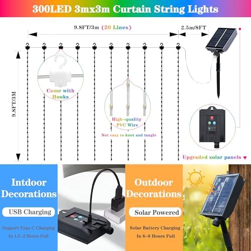 Solar Curtain Lights Outdoor Waterproof, 300LED 9.8x9.8FT Fairy String Lights with USB-C & Solar Charging, alternate view 3