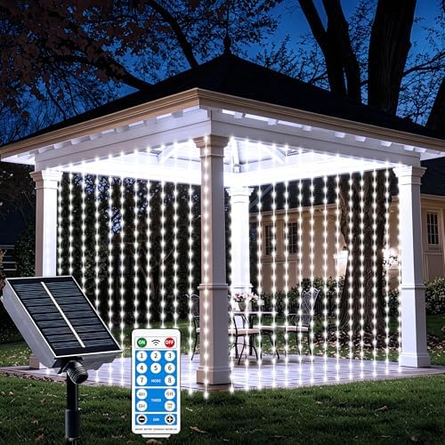 Solar Curtain Lights Outdoor Waterproof, 300LED 9.8x9.8FT Fairy String Lights with USB-C & Solar Charging