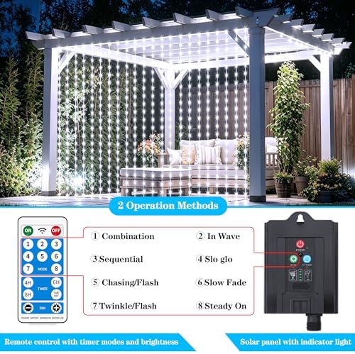 Solar Curtain Lights Outdoor Waterproof, 300LED 9.8x9.8FT Fairy String Lights with USB-C & Solar Charging, alternate view 2