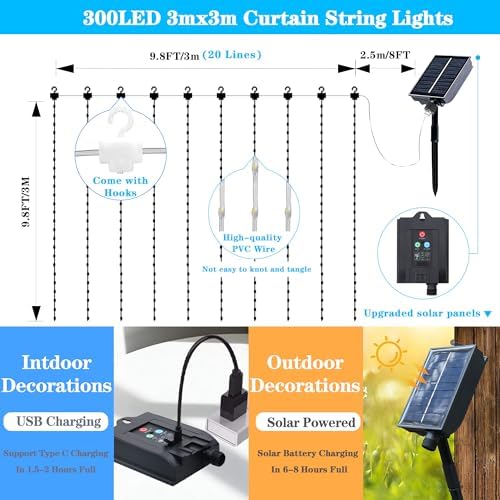 Solar Curtain Lights Outdoor Waterproof, 300LED 9.8x9.8FT Fairy String Lights with USB-C & Solar Charging, alternate view 4
