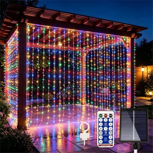 Solar Curtain Lights Remote Control, Outdoor Garden Lights 300 LED 8 Modes Remote Control Waterproof Solar