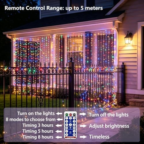 Solar Curtain Lights Remote Control, Outdoor Garden Lights 300 LED 8 Modes Remote Control Waterproof Solar, alternate view 2