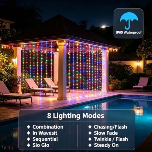 Solar Curtain Lights Remote Control, Outdoor Garden Lights 300 LED 8 Modes Remote Control Waterproof Solar, alternate view 3
