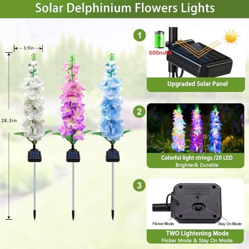 Solar Garden Lights, 6 Pack 20 LEDs Solar Delphinium Flowers Lights Gifts for Mom Grandma Women, Waterproof, alternate view 2