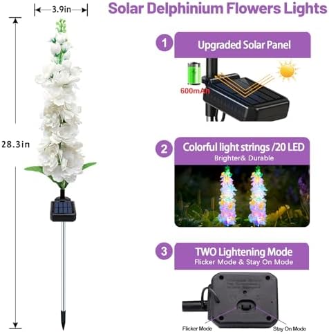 Solar Garden Lights, Delphinium Flowers 2 Pack 40 LEDs, Waterproof Outdoor Lights Two Lighting Modes for Wedding, alternate