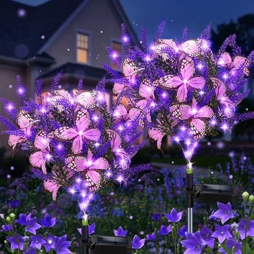 Solar Garden Lights Outdoor, 2 Pack Purple Lavender Solar Butterfly Lights Gardening Gifts for Women, Artificial