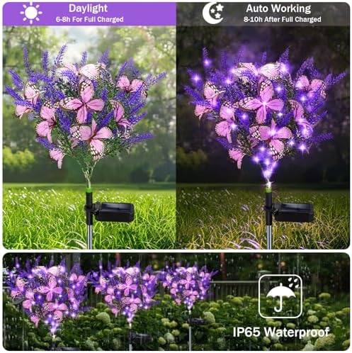 Solar Garden Lights Outdoor, 2 Pack Purple Lavender Solar Butterfly Lights Gardening Gifts for Women, Artificial, alternate