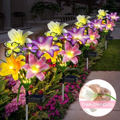 Solar Garden Lights Outdoor 4 Pack Lily Lights with Butterflies, Waterproof, alternate view 2