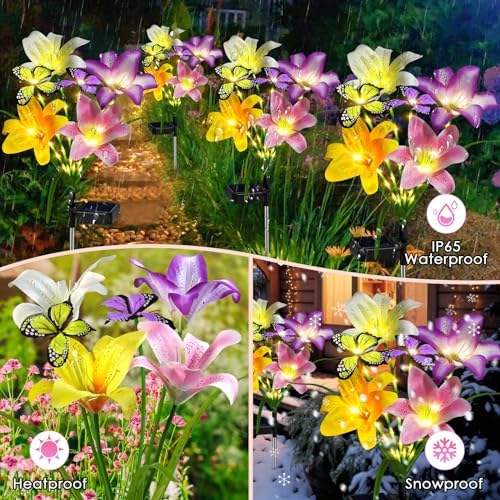 Solar Garden Lights Outdoor 4 Pack Lily Lights with Butterflies, Waterproof, alternate view 3