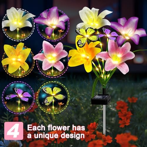 Solar Garden Lights Outdoor 4 Pack Lily Lights with Butterflies, Waterproof, alternate view 4