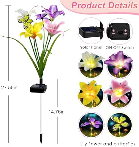 Solar Garden Lights Outdoor 4 Pack Lily Lights with Butterflies, Waterproof, alternate view 5