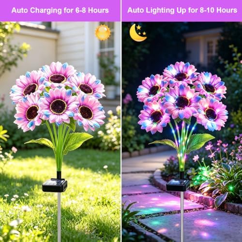 Solar Garden Lights Outdoor, 4 Pack Solar Multicolor Sunflower Lights with 24 Head 3.5 Inch Flowers, Waterproof, alternate