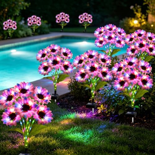 Solar Garden Lights Outdoor, 4 Pack Solar Multicolor Sunflower Lights with 24 Head 3.5 Inch Flowers, Waterproof, alternate