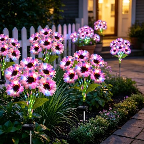 Solar Garden Lights Outdoor, 4 Pack Solar Multicolor Sunflower Lights with 24 Head 3.5 Inch Flowers, Waterproof, alternate