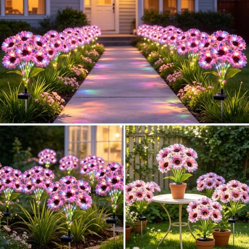 Solar Garden Lights Outdoor, 4 Pack Solar Multicolor Sunflower Lights with 24 Head 3.5 Inch Flowers, Waterproof, alternate