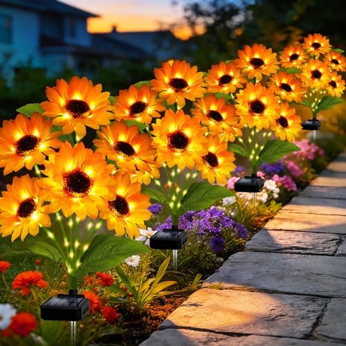 Solar Garden Lights Outdoor, 4 Pack Solar Sunflower Lights with 24 Head 3.5 Inch Flowers, Waterproof Flowers