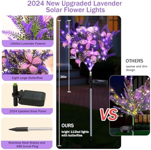 Solar Garden Lights Outdoor, 6 Pack Purple Lavender Solar Butterfly Lights Gardening Gifts for Women, Artificial, alternate