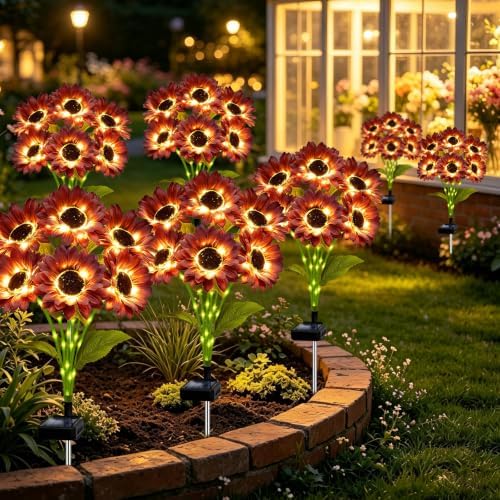 Solar Garden Lights Outdoor, 6 Pack Solar Brown Sunflower Lights with 36 Head 3.5 Inch Flowers, Waterproof, alternate view 4