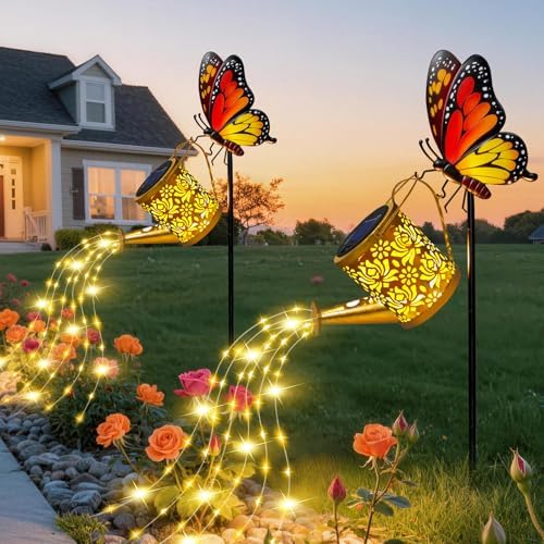 Solar Garden Lights Outdoor Decor, Butterfly Watering Can Lights, 2 Pack