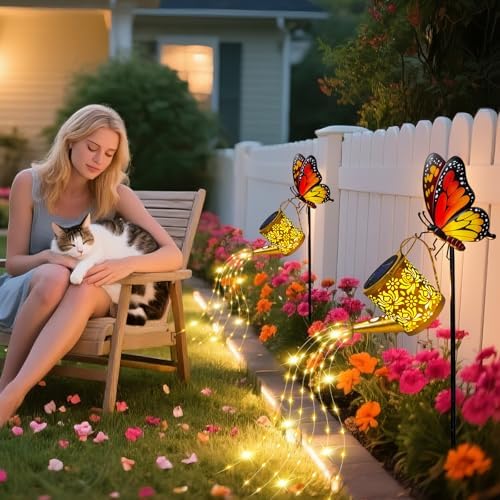 Solar Garden Lights Outdoor Decor, Butterfly Watering Can Lights, 2 Pack, alternate view 4