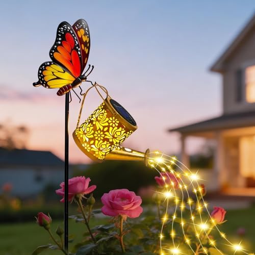 Solar Garden Lights Outdoor Decor, Butterfly Watering Can Lights for Yard