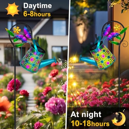 Solar Garden Lights Outdoor Decor, Butterfly Watering Can Shepherd Hook in Blue Butterfly, alternate view 3