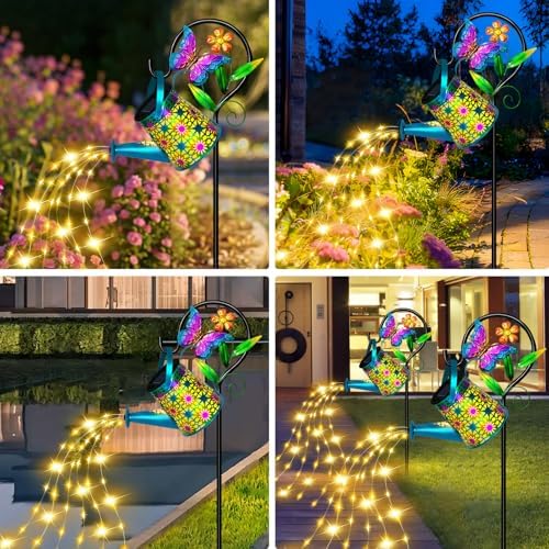 Solar Garden Lights Outdoor Decor, Butterfly Watering Can Shepherd Hook in Blue Butterfly, alternate view 5