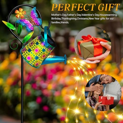 Solar Garden Lights Outdoor Decor, Butterfly Watering Can Shepherd Hook in Blue Butterfly, alternate view 6