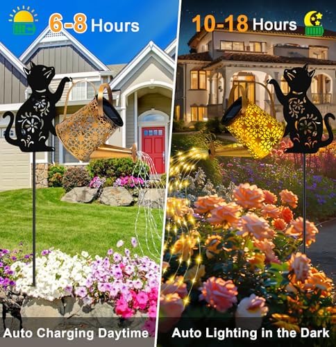 Solar Garden Lights Outdoor Decor, Cat Watering Can Lights for Yard, 2 Pack, alternate view 4