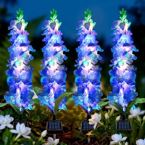 Solar Garden Lights, Solar Blue Delphinium Flowers Lights 4 Pack 80 LEDs, Waterproof Outdoor Light Two Lighting