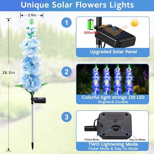 Solar Garden Lights, Solar Blue Delphinium Flowers Lights 4 Pack 80 LEDs, Waterproof Outdoor Light Two Lighting, alternate