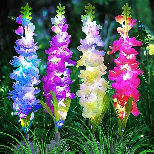 Solar Garden Lights, Solar Delphinium Flowers Lights 4 Pack 80 LEDs, Waterproof Outdoor Light Two Lighting Modes