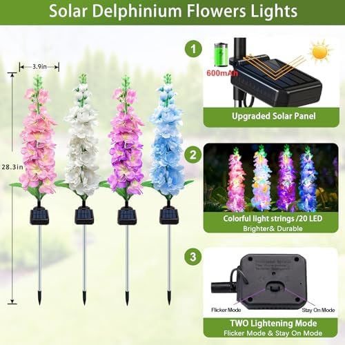 Solar Garden Lights, Solar Delphinium Flowers Lights 4 Pack 80 LEDs, Waterproof Outdoor Light Two Lighting Modes, alternate