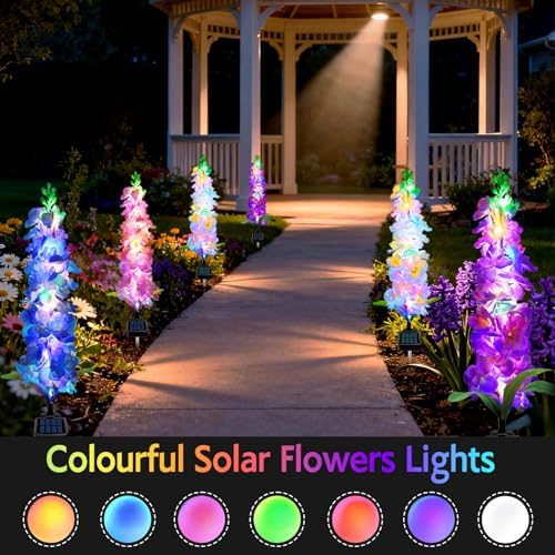 Solar Garden Lights, Solar Delphinium Flowers Lights 4 Pack 80 LEDs, Waterproof Outdoor Light Two Lighting Modes, alternate