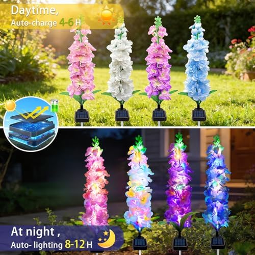 Solar Garden Lights, Solar Delphinium Flowers Lights 4 Pack 80 LEDs, Waterproof Outdoor Light Two Lighting Modes, alternate