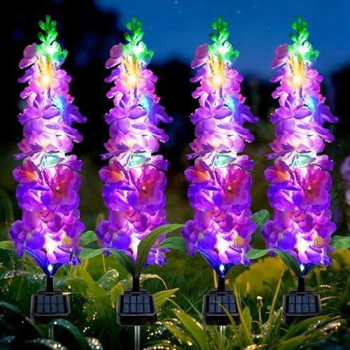 Solar Garden Lights, Solar Purple Delphinium Flowers Lights 4 Pack 80 LEDs, Waterproof Outdoor Light Two